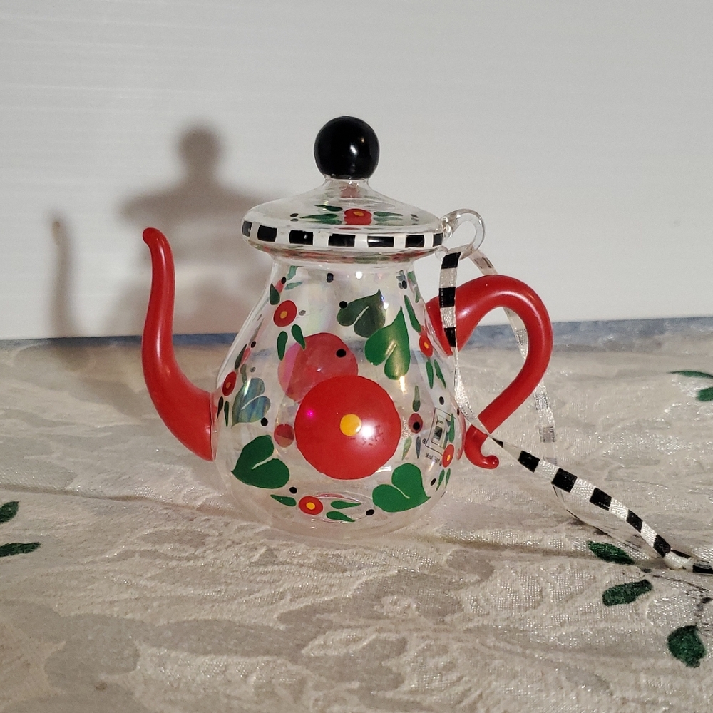 Mary Engelbreit Festive Teapot Ornament - Red, Green, Black - Picture 1 of 4